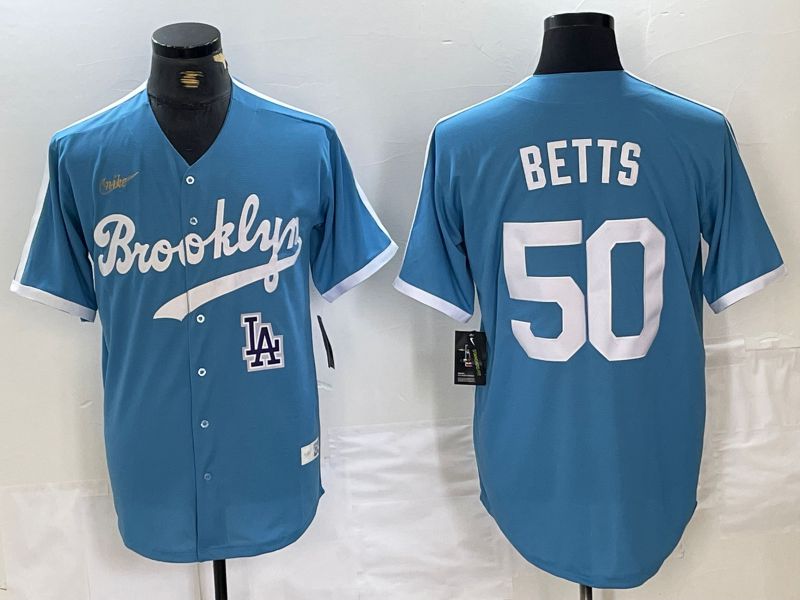 Men Los Angeles Dodgers 50 Betts Light blue Throwback 2024 Nike MLB Jersey style 2